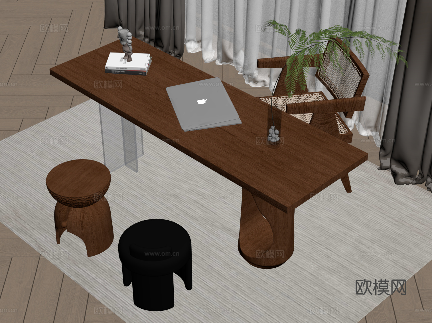 中古风书桌椅 办公桌椅su模型