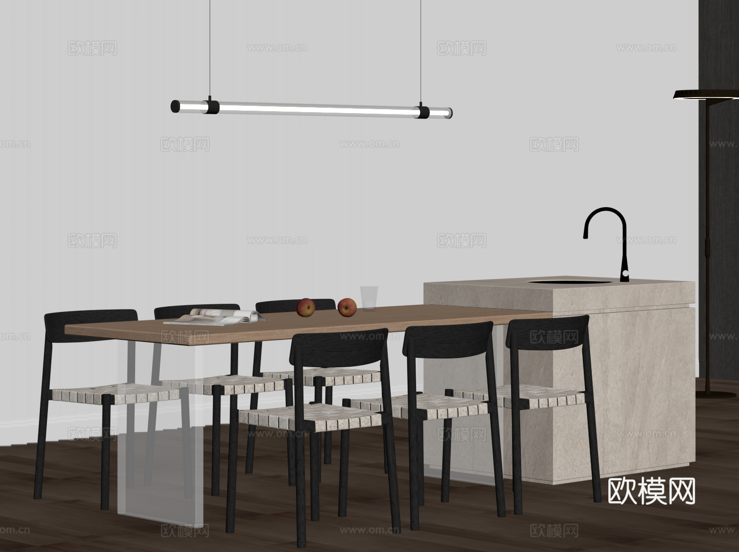 法式奶油风岛台 餐桌椅su模型