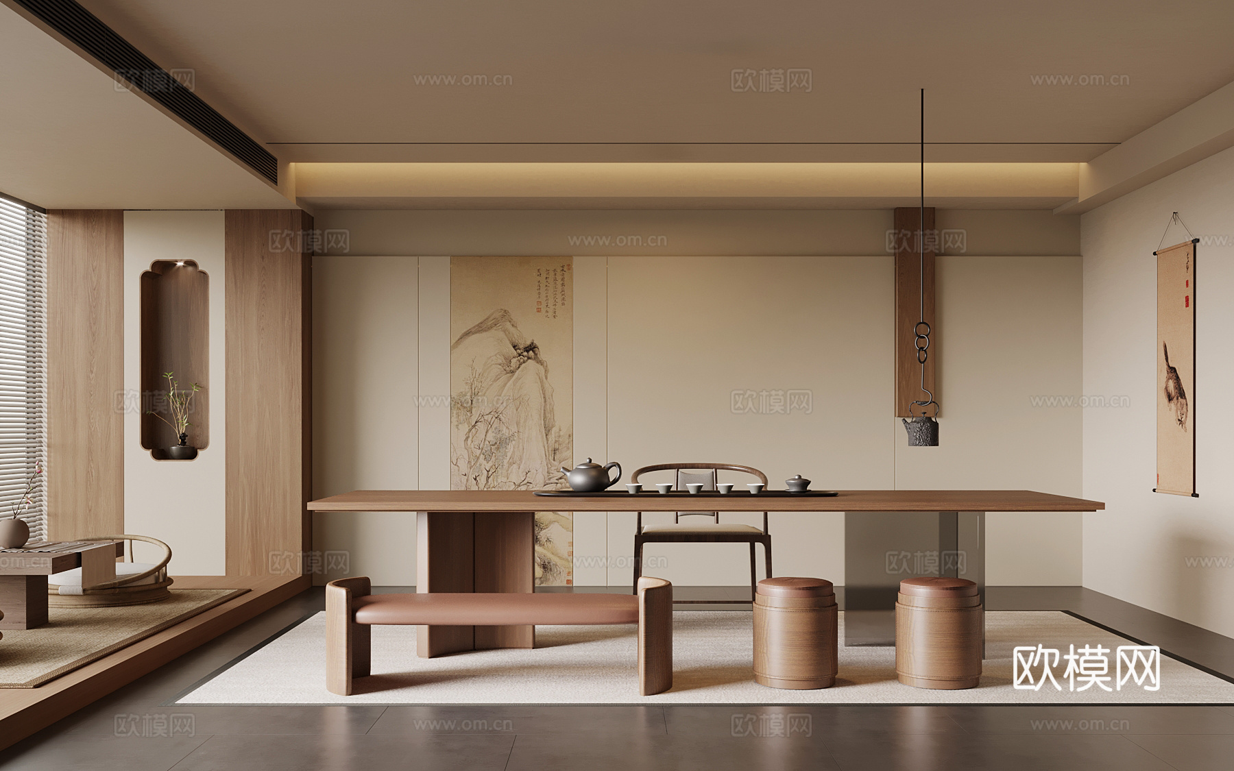 新中式茶室 茶桌椅 茶叶柜su模型