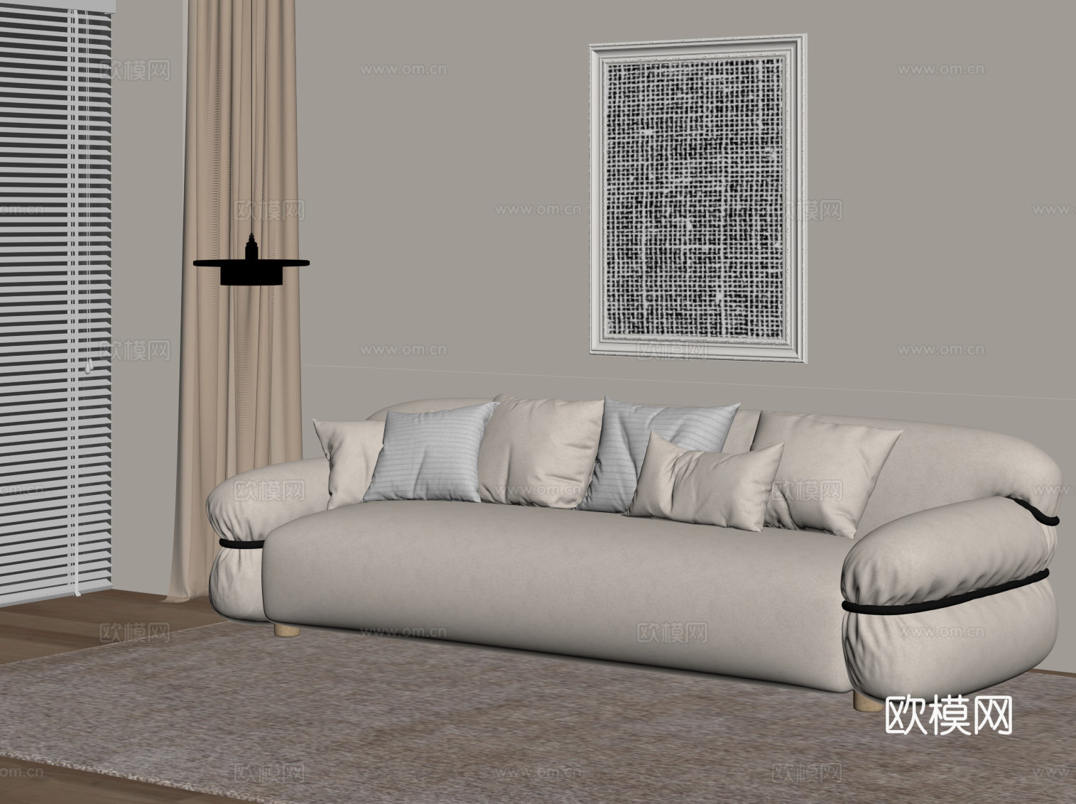 现代奶油风多人沙发 直排沙发 布艺沙发su模型
