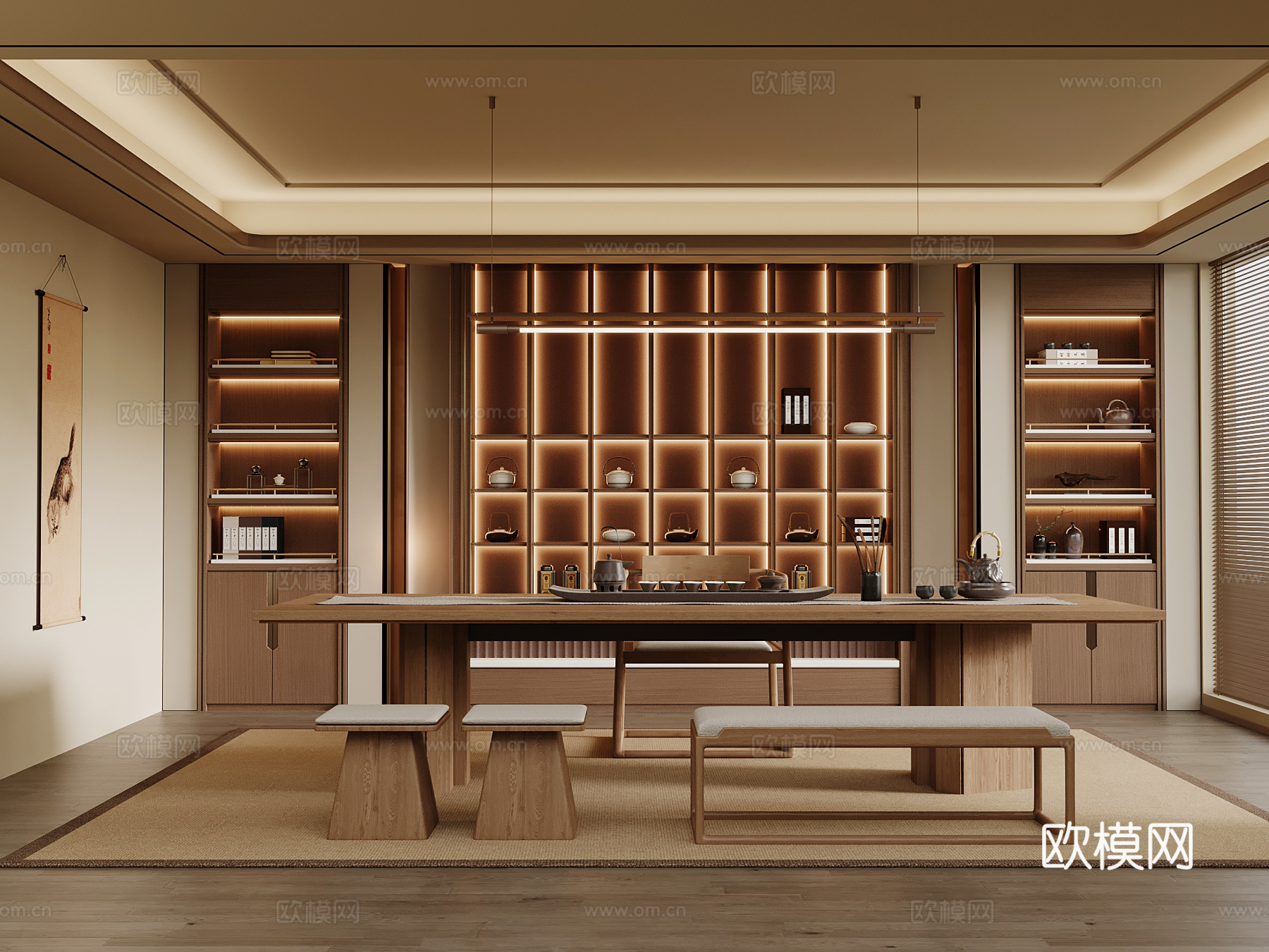 新中式茶室 茶桌椅 茶叶柜3d模型下载