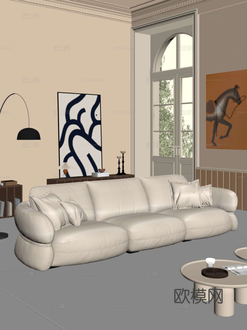 法式奶油风多人沙发 直排沙发su模型