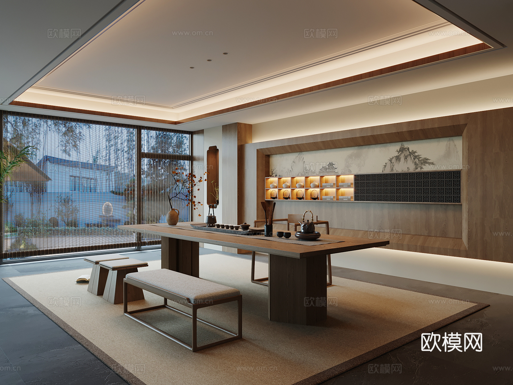 新中式茶室 茶台 茶桌椅su模型