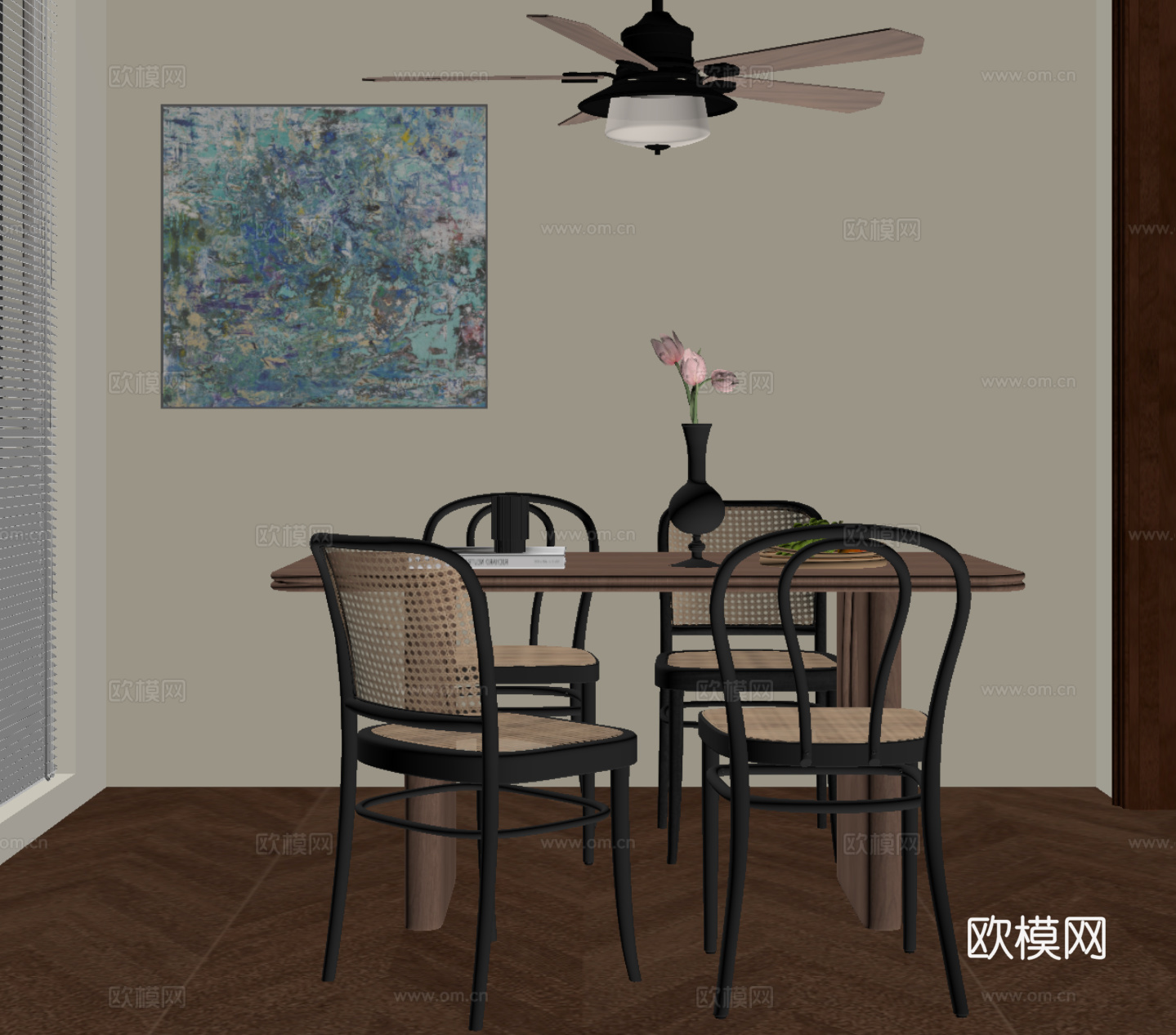 中古风餐桌椅su模型下载（渲染图2）