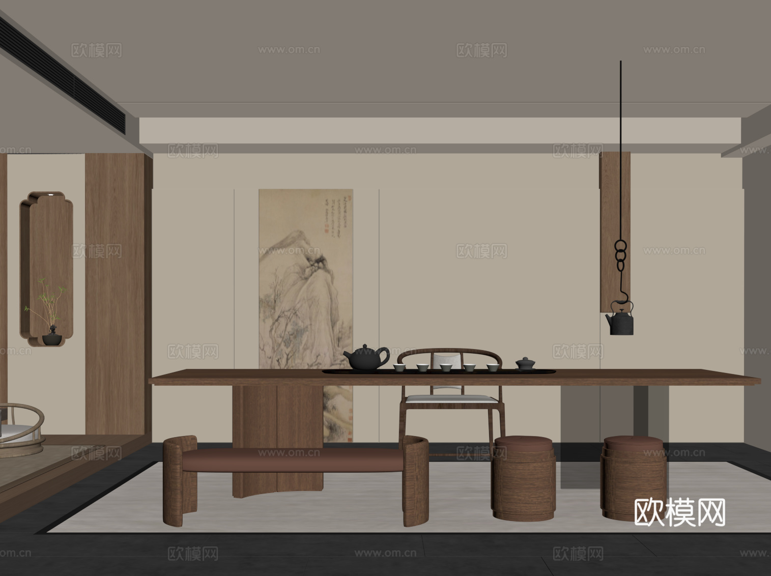 新中式茶室 茶桌椅 茶叶柜su模型