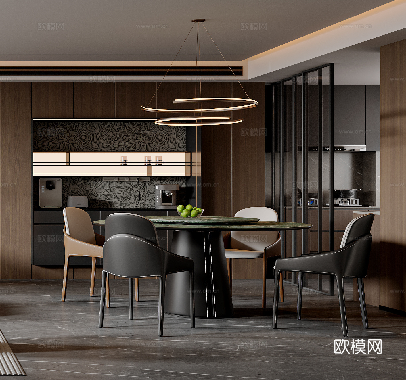 现代餐桌椅组合 圆餐桌 餐椅 吊灯 餐边柜3d模型下载