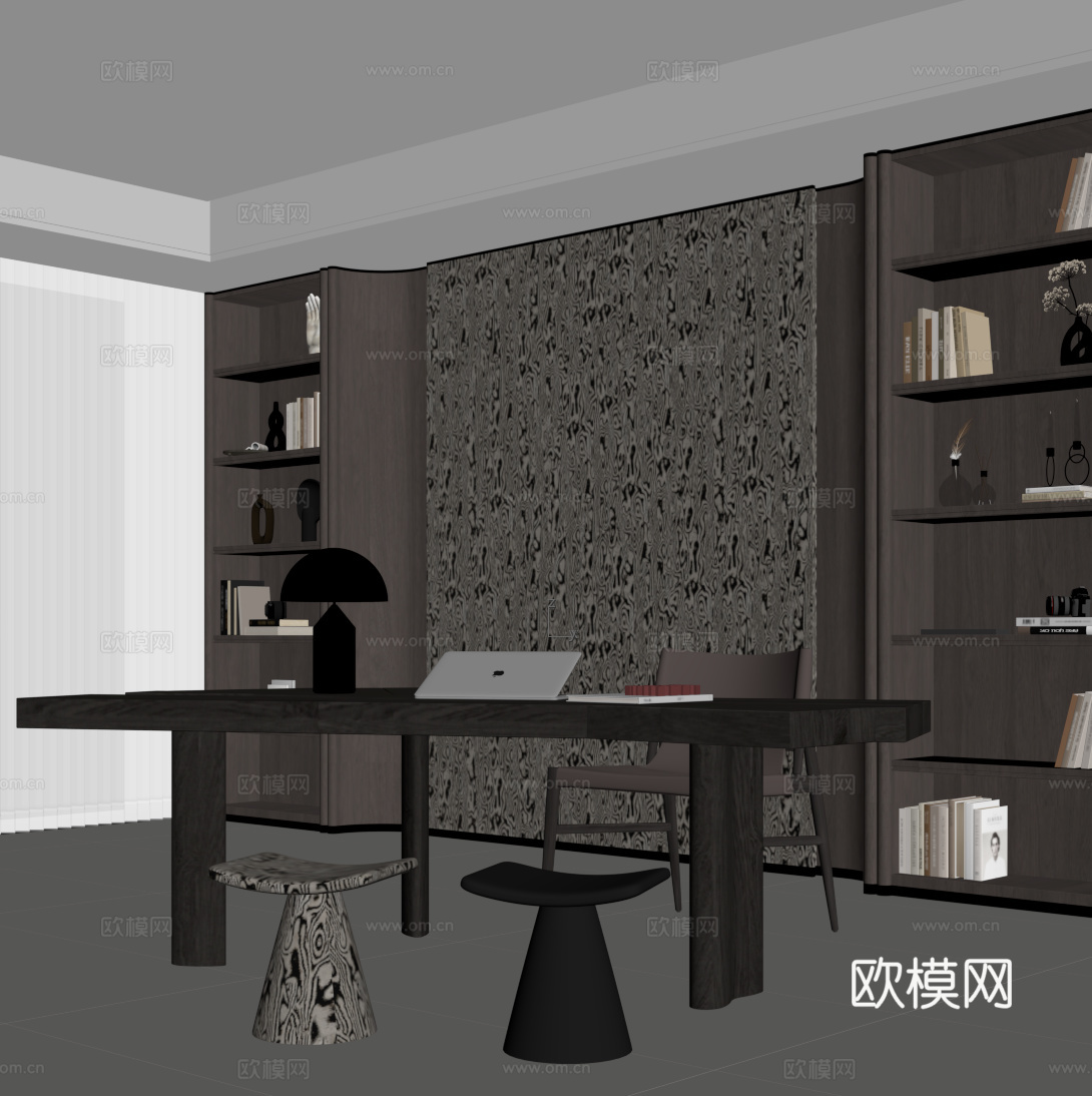 现代意式书房 书柜 书桌椅su模型