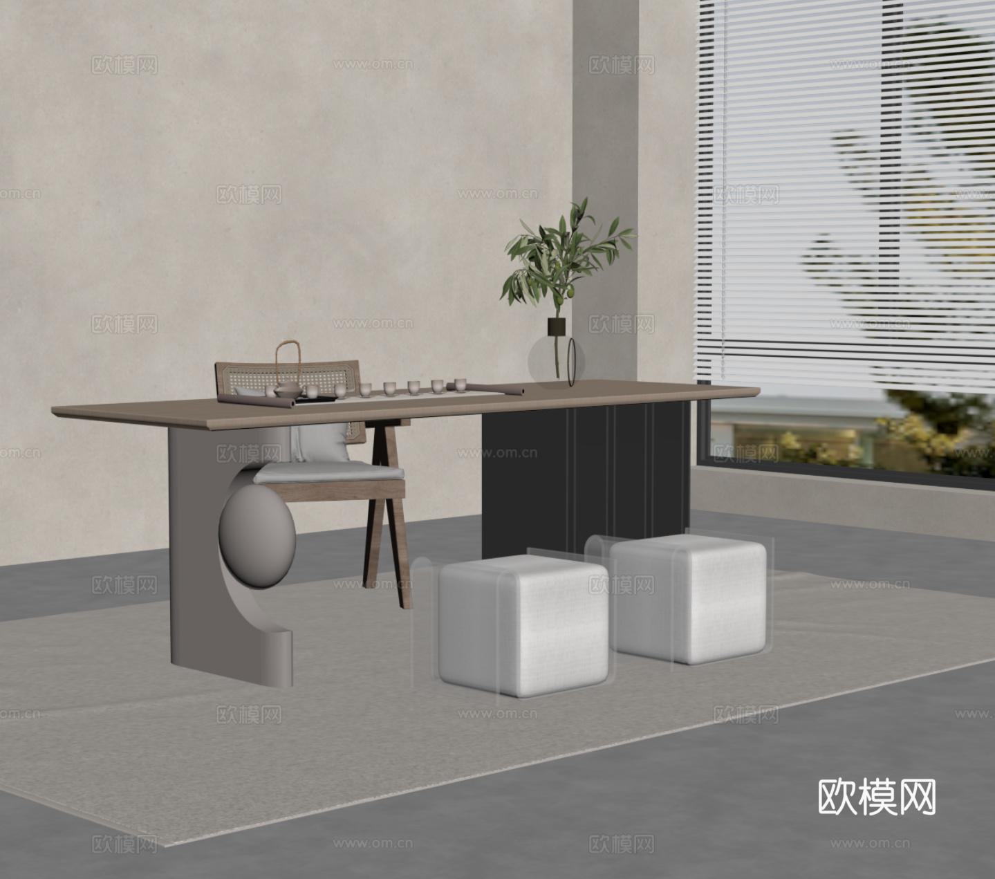 侘寂风茶桌椅 茶台su模型