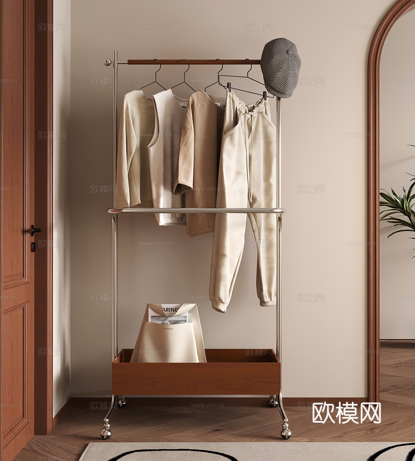 现代中古衣架 挂衣架 衣帽架 落地衣架su模型