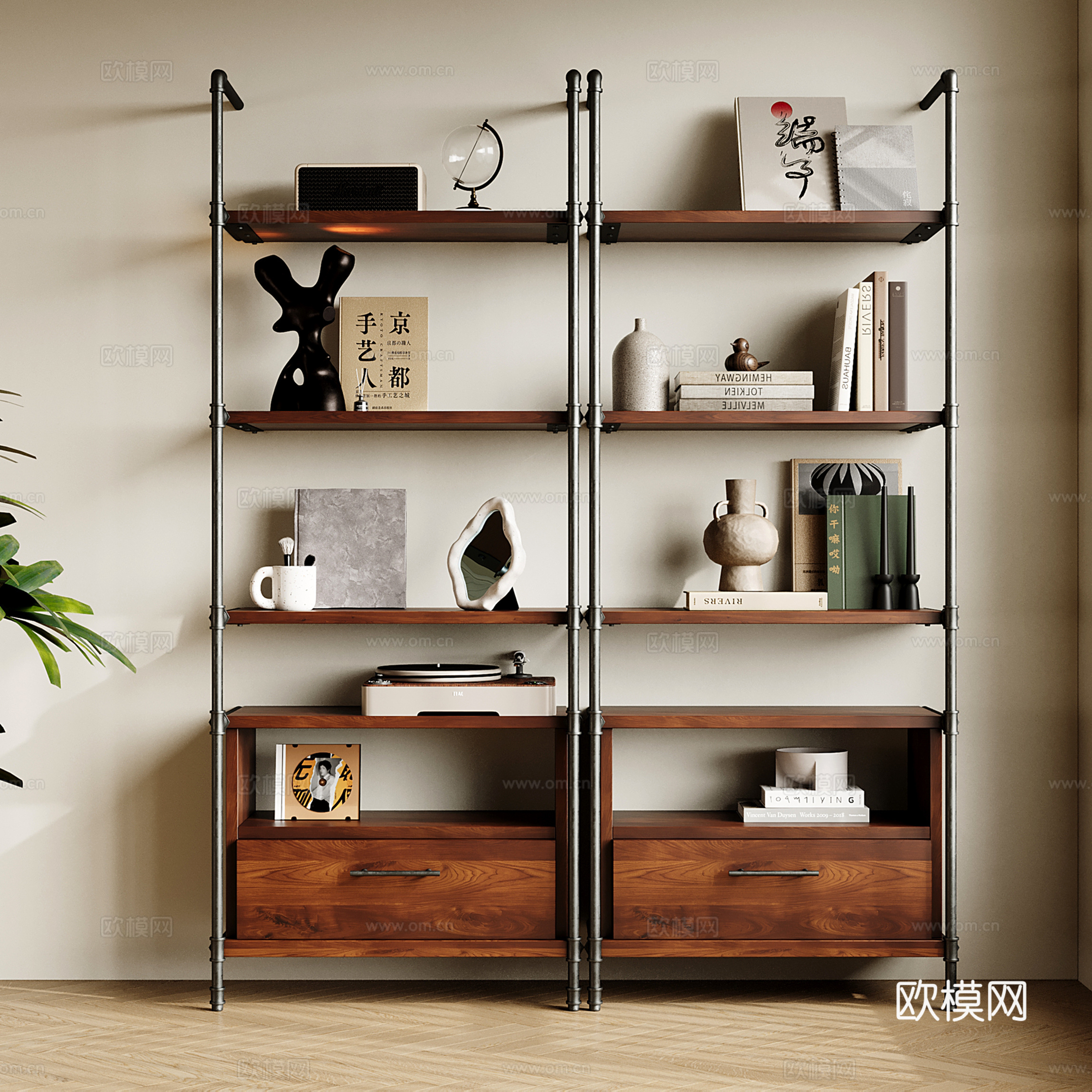 现代中古书架 置物柜架 收纳架 铁艺书柜su模型