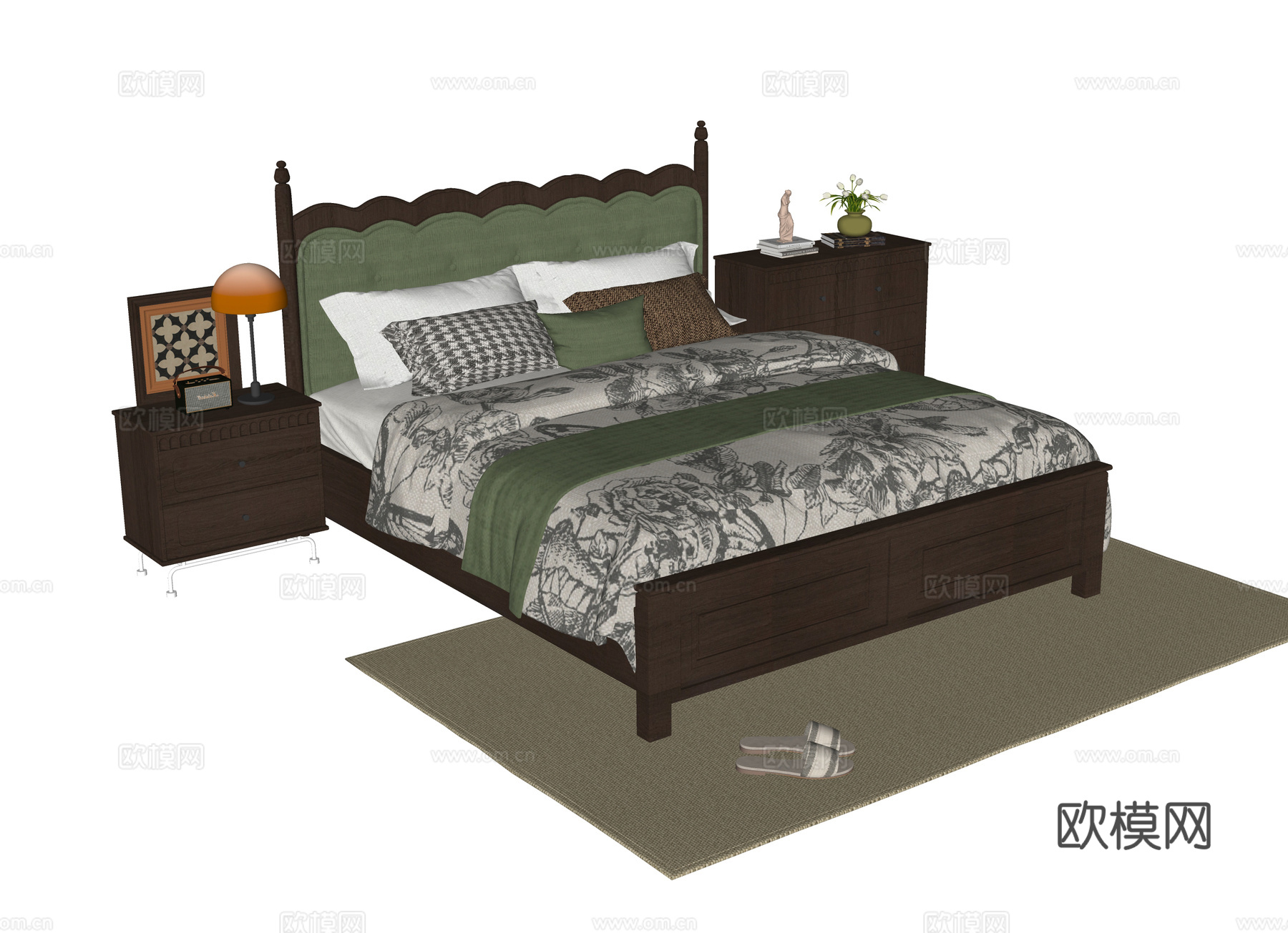 美式双人床 床头柜su模型