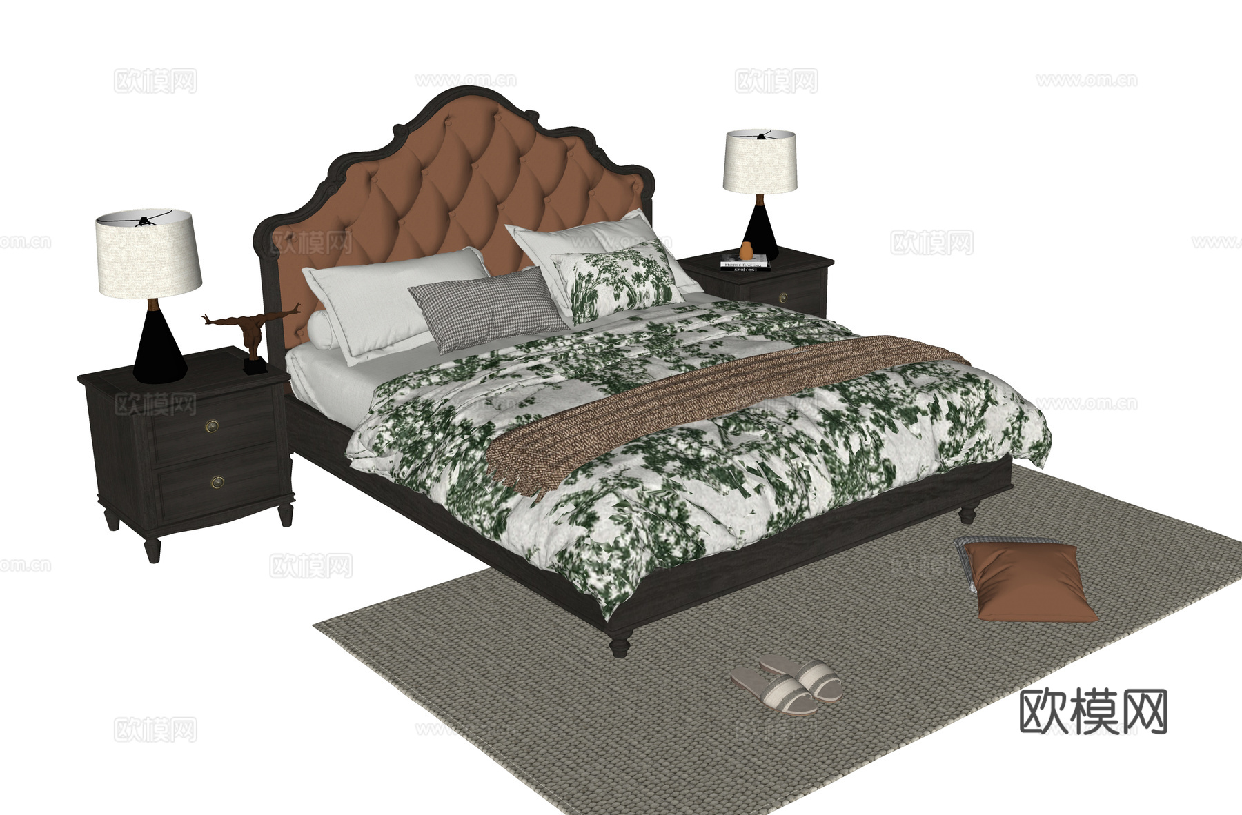 美式双人床 床头柜 地毯su模型