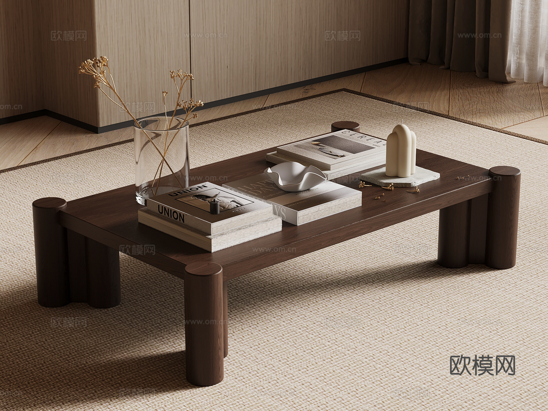 新中式茶几 侘寂中古茶几su模型