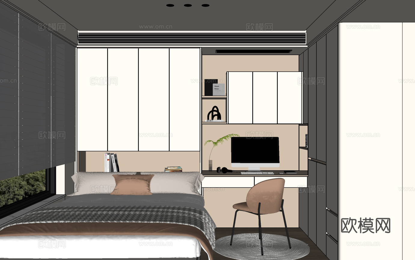 现代榻榻米卧室 儿童房榻榻米  书桌榻榻米衣柜一体su模型