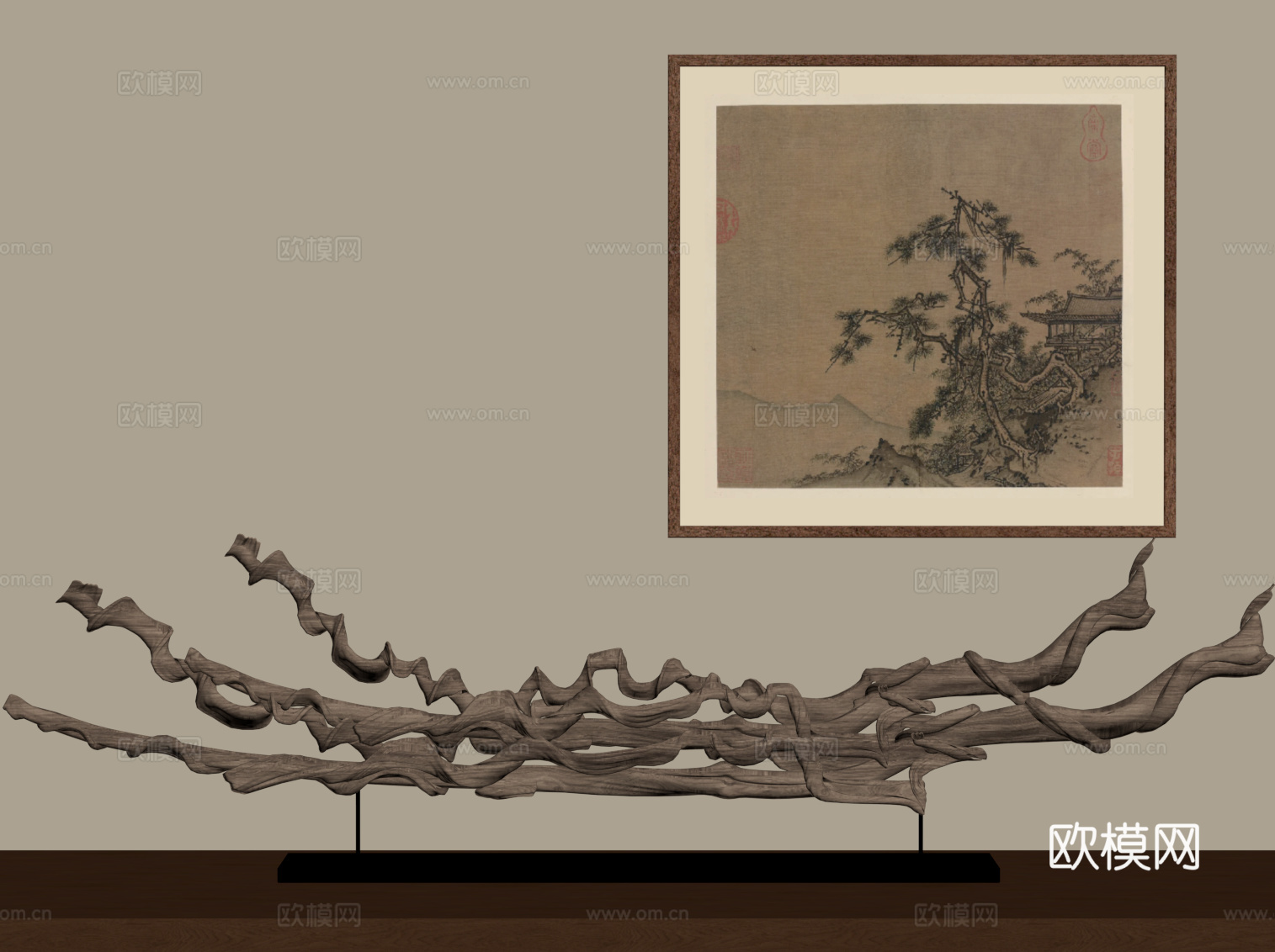 新中式摆件 雕塑 木头 艺术装置 挂画su模型