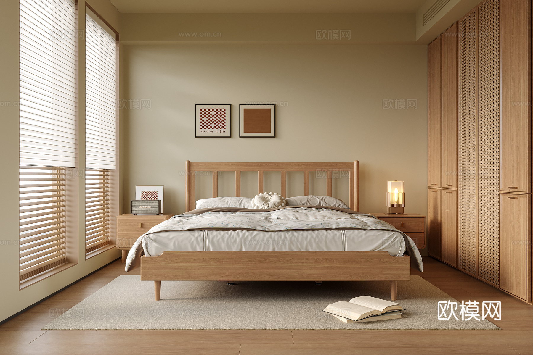 日式卧室 双人床3d模型下载