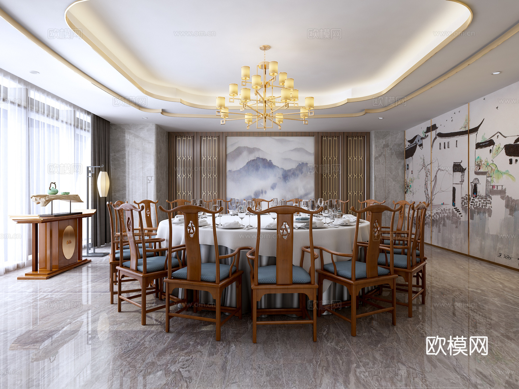 中式餐厅吊顶背景墙端景台3d模型