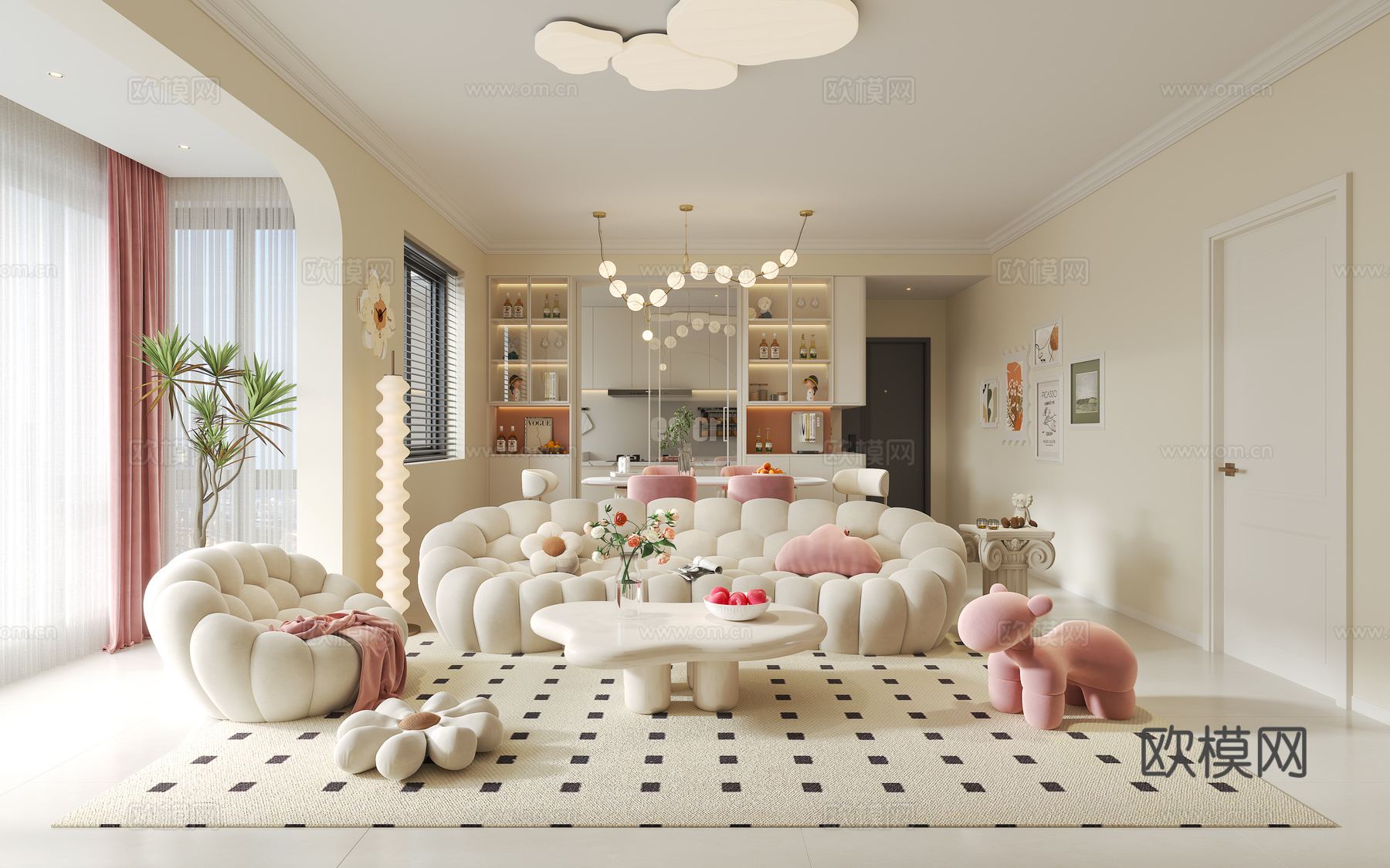 法式奶油风客餐厅3d模型下载（渲染图1）