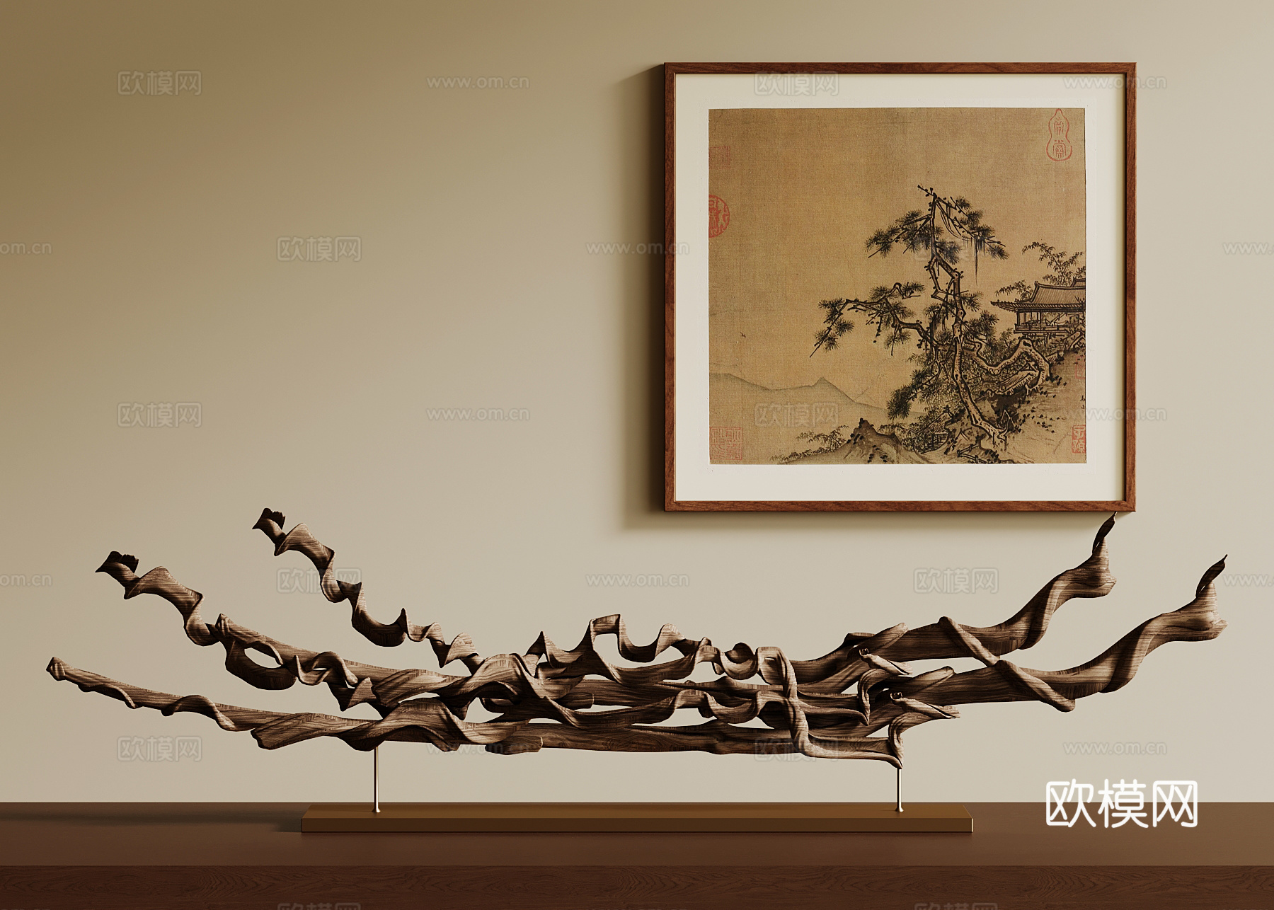 新中式摆件 雕塑 木头 艺术装置 挂画su模型