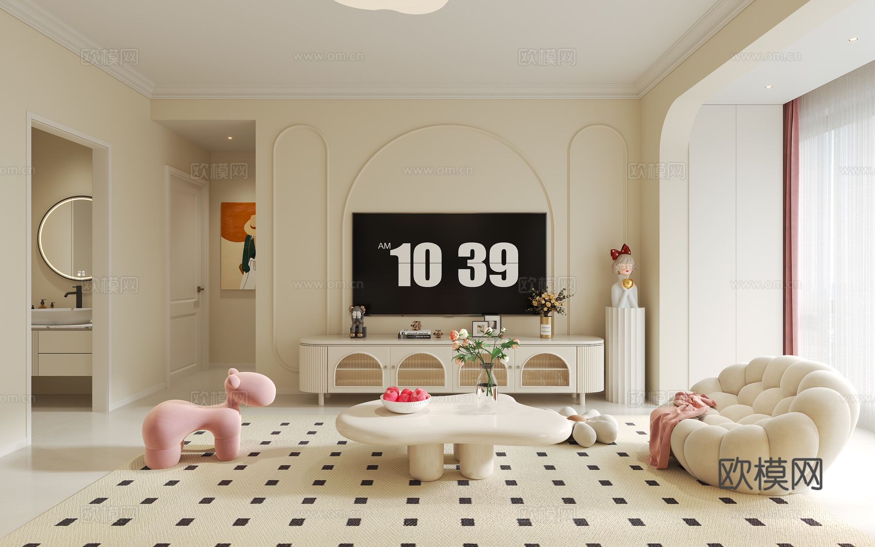 法式奶油风客餐厅3d模型下载（渲染图3）