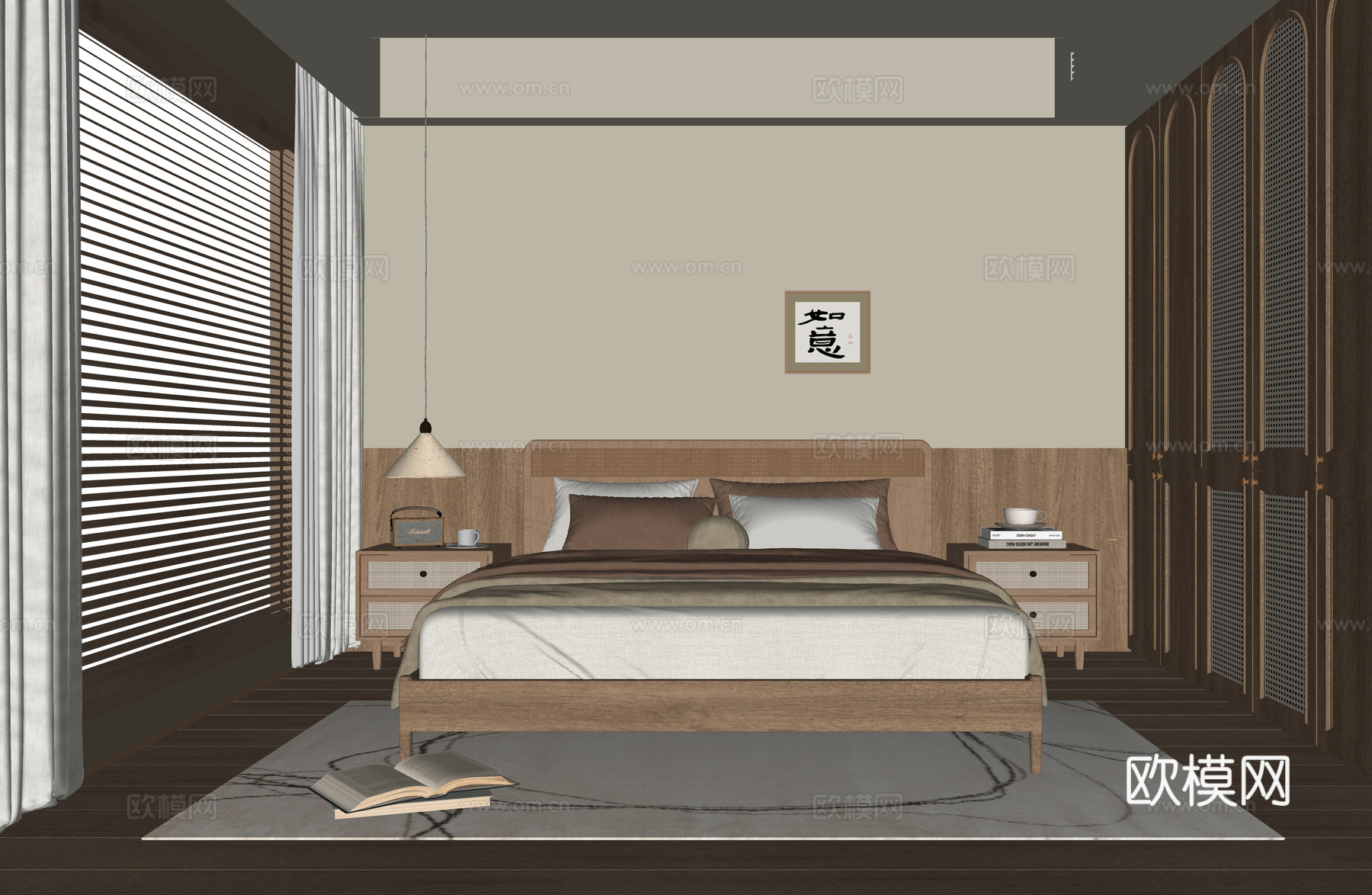 现代卧室 床头柜 双人床su模型