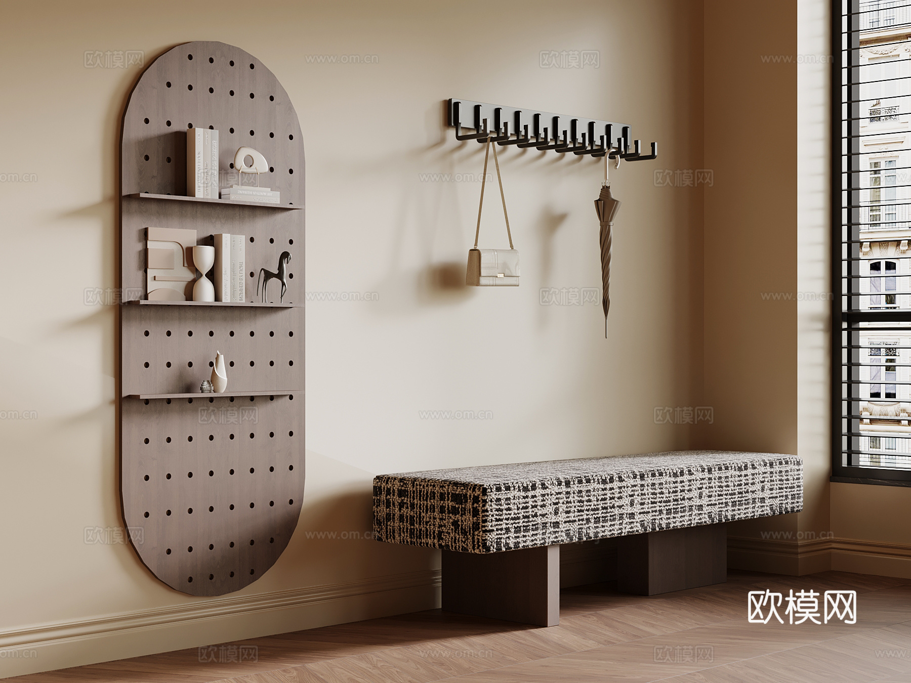 现代中古风换鞋凳 挂钩 洞洞板su模型