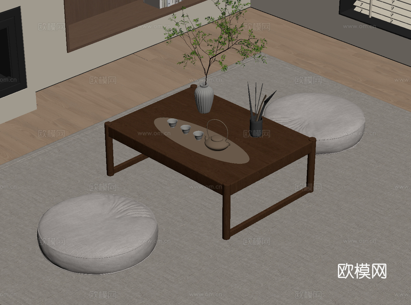 现代榻榻米茶桌 小茶桌 茶具su模型