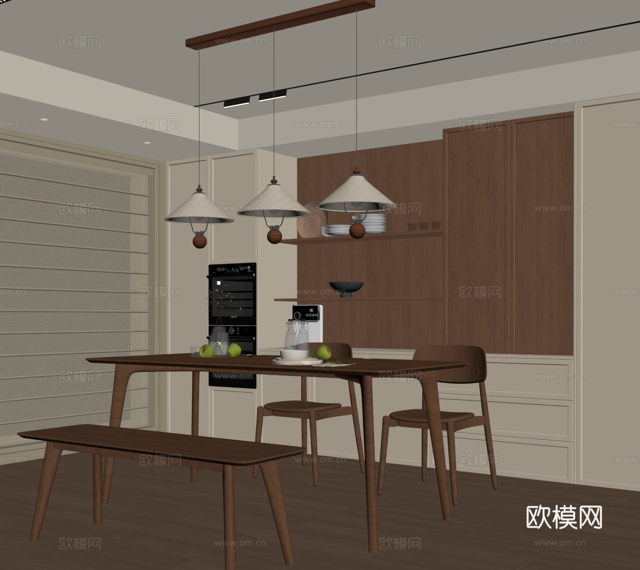 中古餐厅 餐边柜 餐桌椅 吊灯su模型