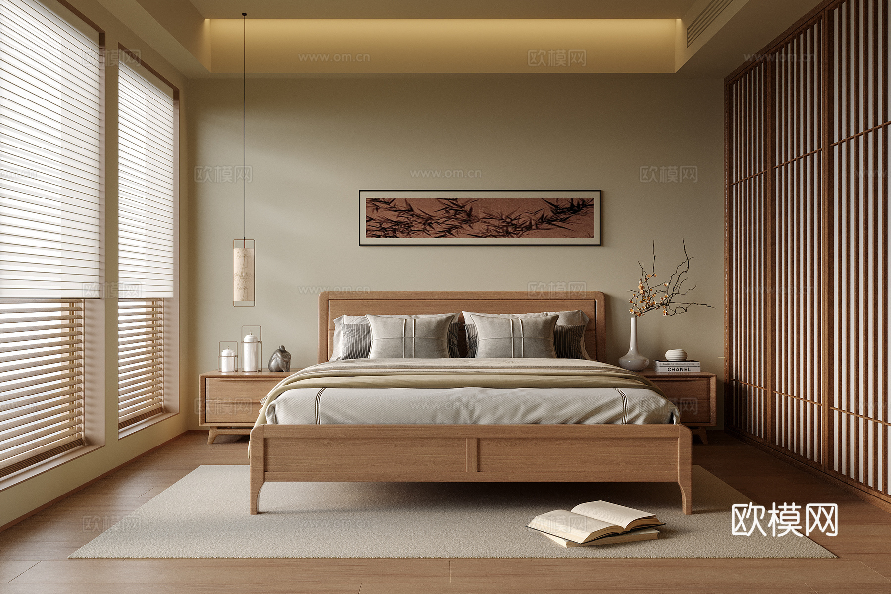 日式卧室 双人床 床头柜su模型