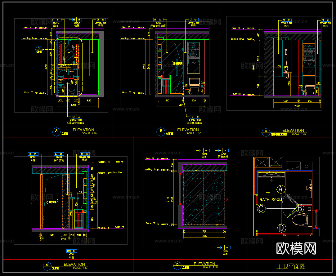 现代卫生间 卫生间立面图 墙面布局图 墙面节点cad施工图