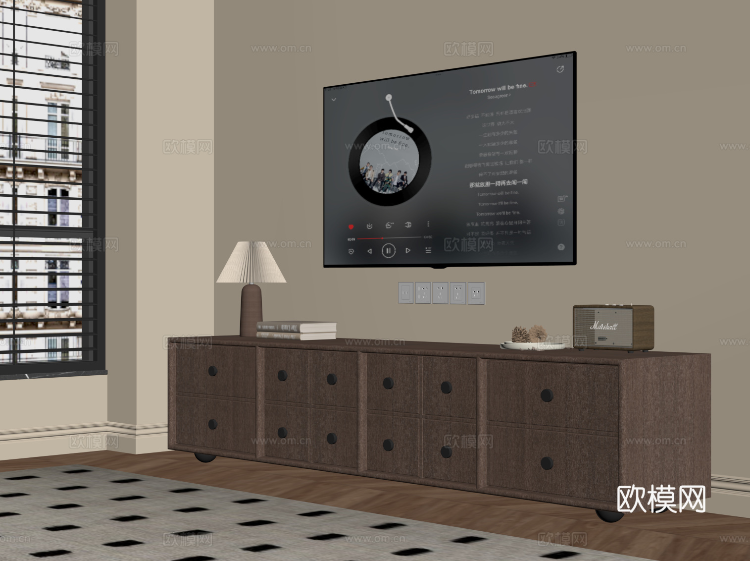 现代中古风电视柜su模型下载（渲染图2）