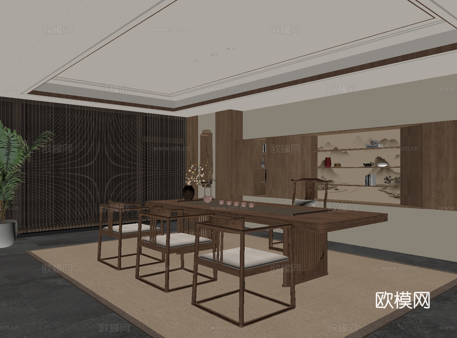 新中式茶室 茶桌椅 茶叶柜su模型