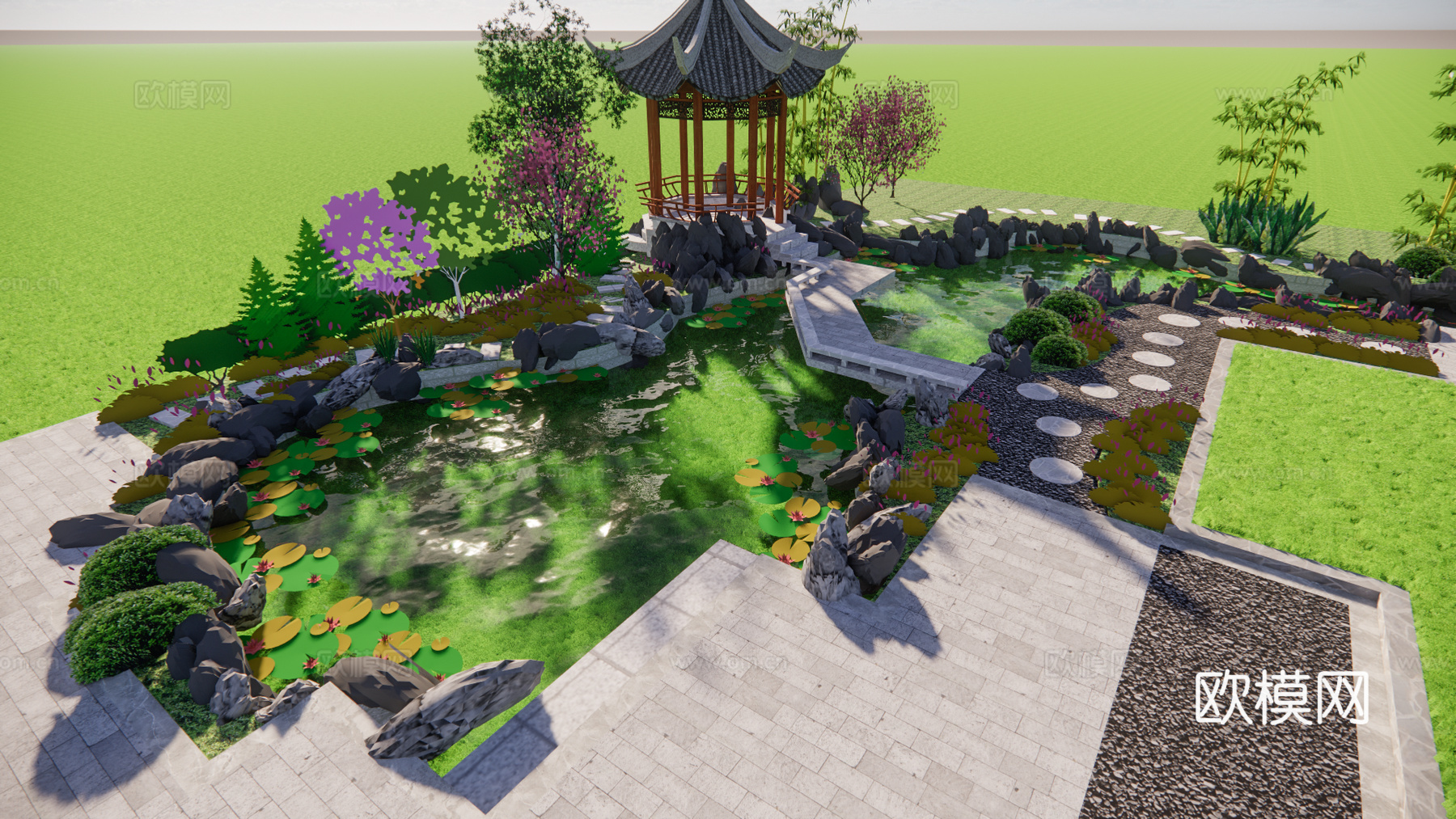 中式鱼池  中式水景景观亭su模型