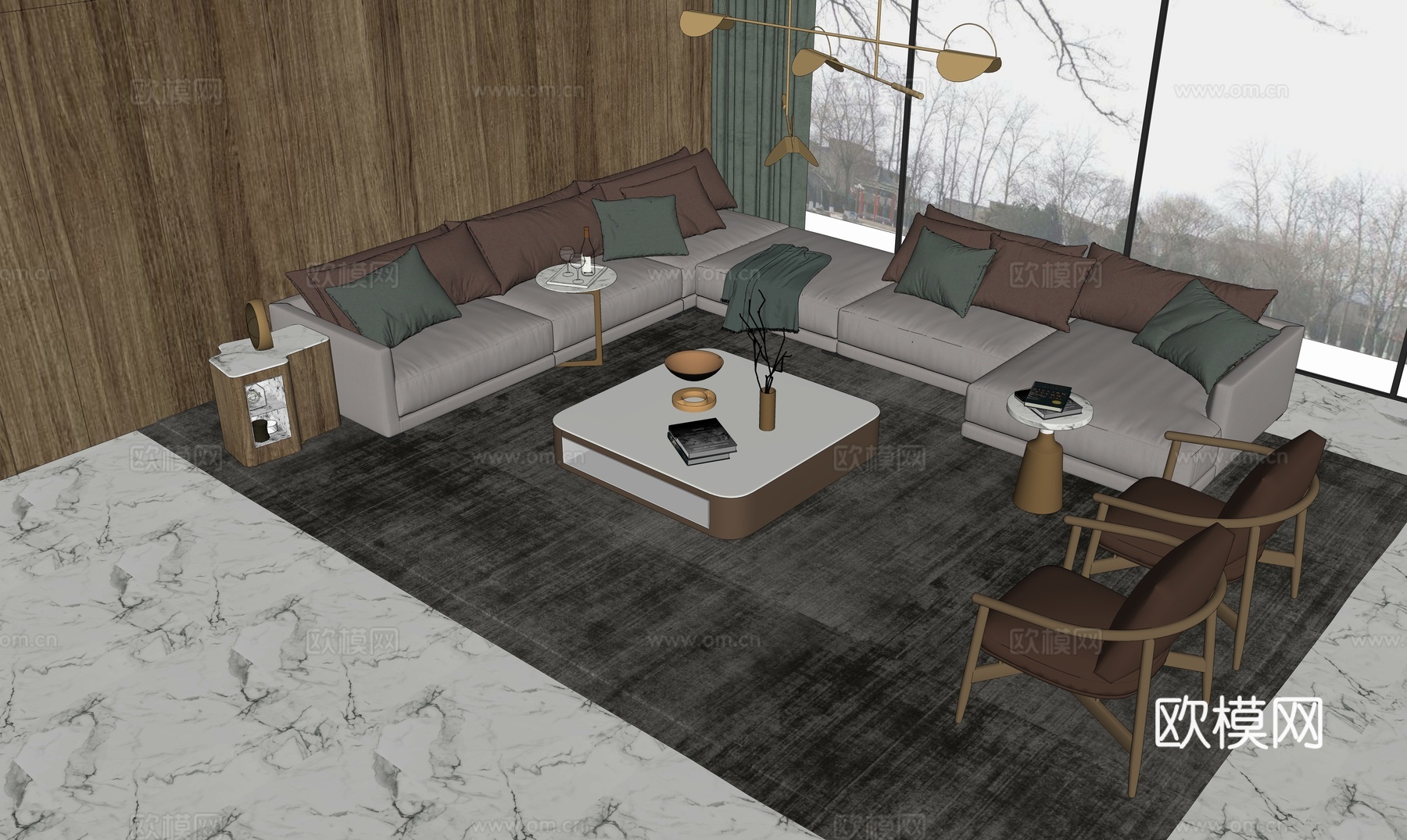 现代客厅 沙发茶几组合 装饰画 摆件su模型