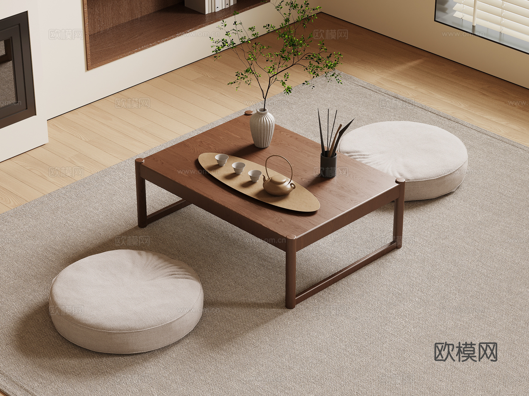 现代榻榻米茶桌 小茶桌 茶具su模型
