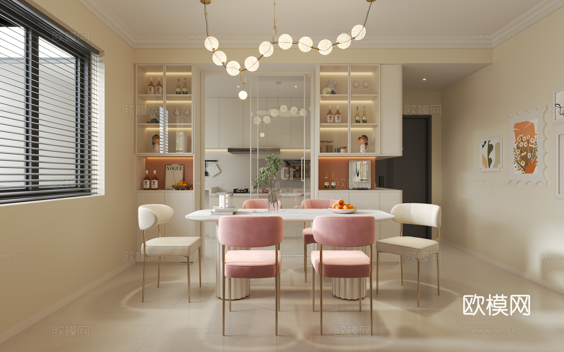 法式奶油风客餐厅3d模型下载（渲染图2）