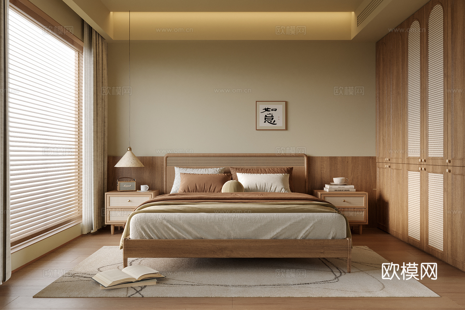 现代卧室 床头柜 双人床su模型