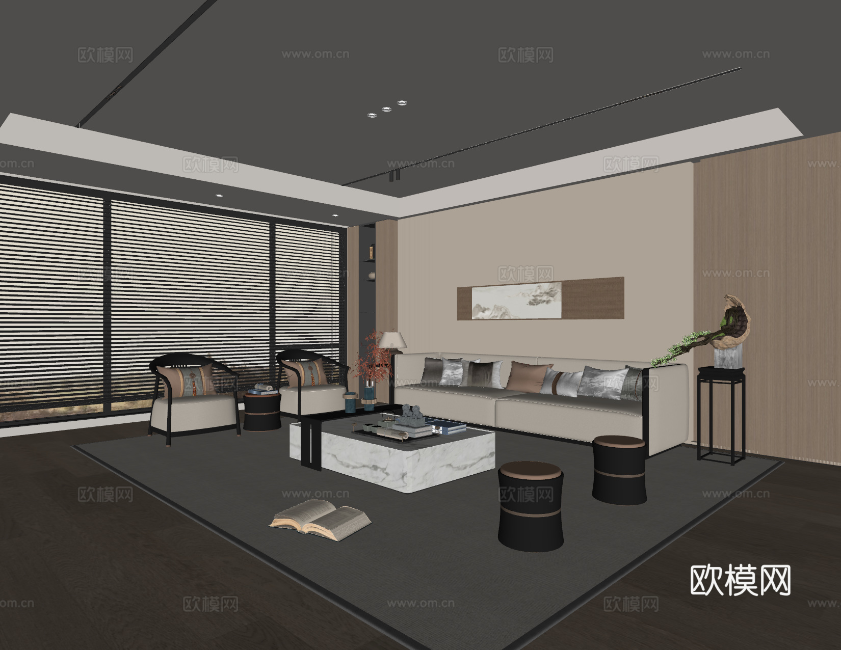 新中式宋式风客厅 沙发茶几 多人沙发 休闲椅 装饰画 地毯su模型