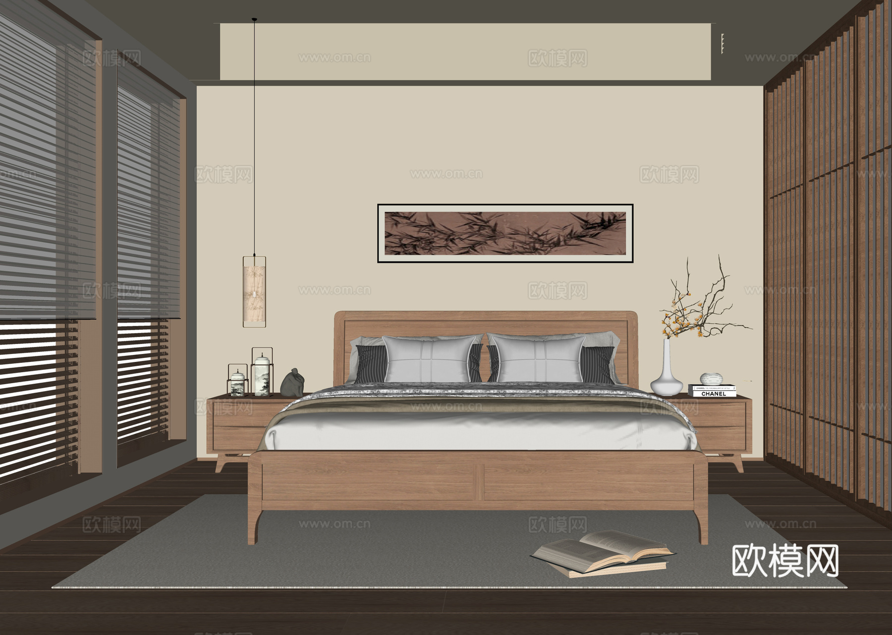 日式卧室 双人床 床头柜su模型
