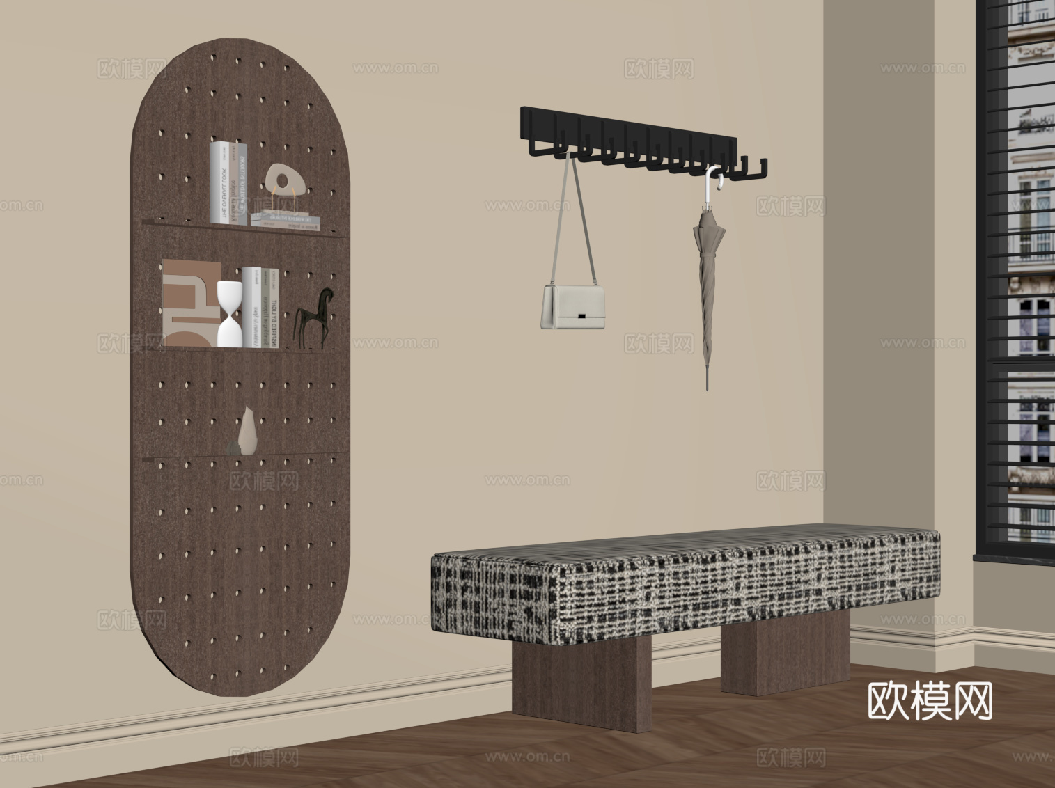 现代中古风换鞋凳 挂钩 洞洞板su模型