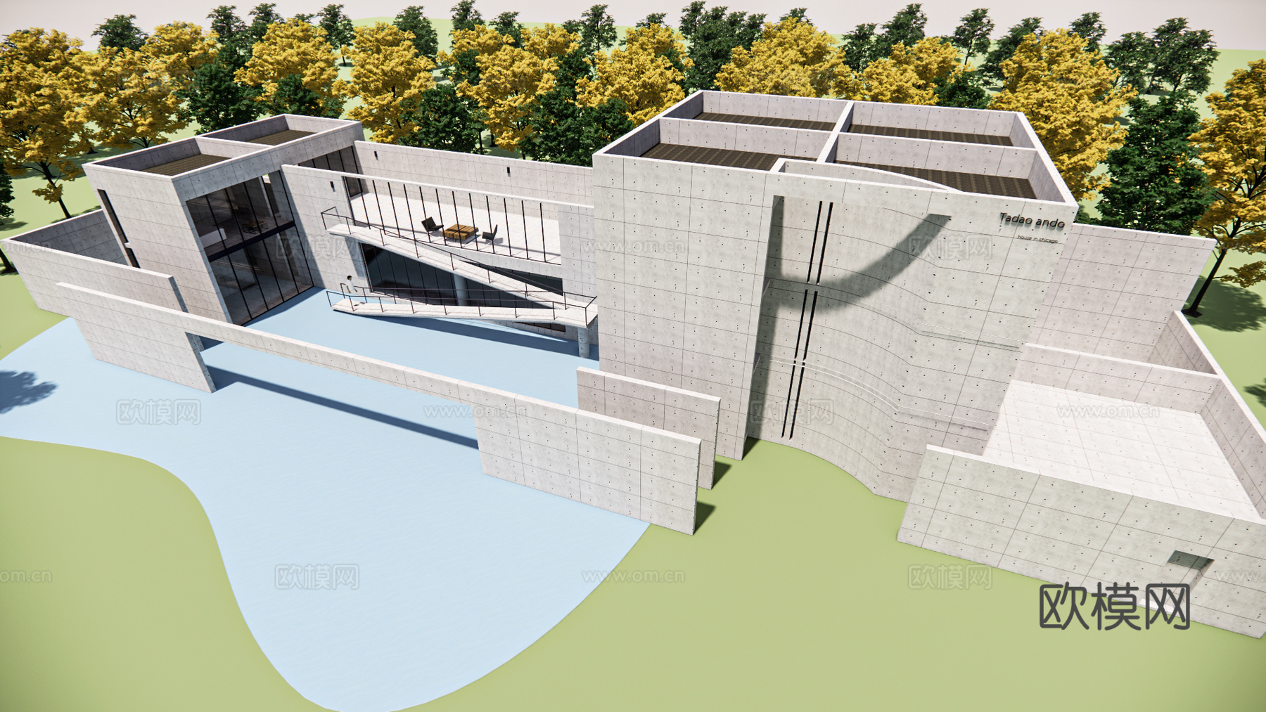 现代极简风格建筑安藤忠雄芝加哥住宅su模型下载（渲染图2）