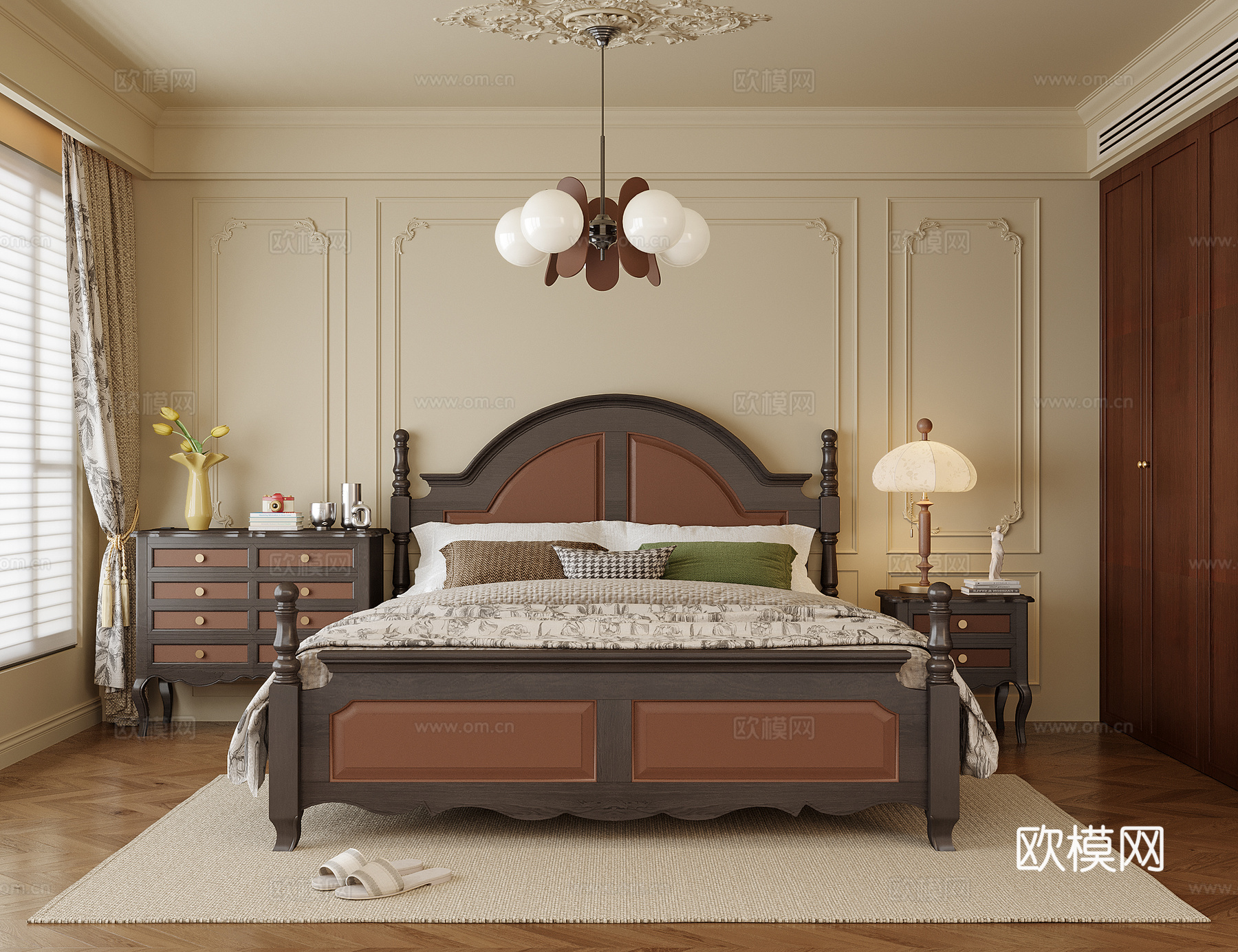 美式卧室 双人床 床头柜3d模型下载