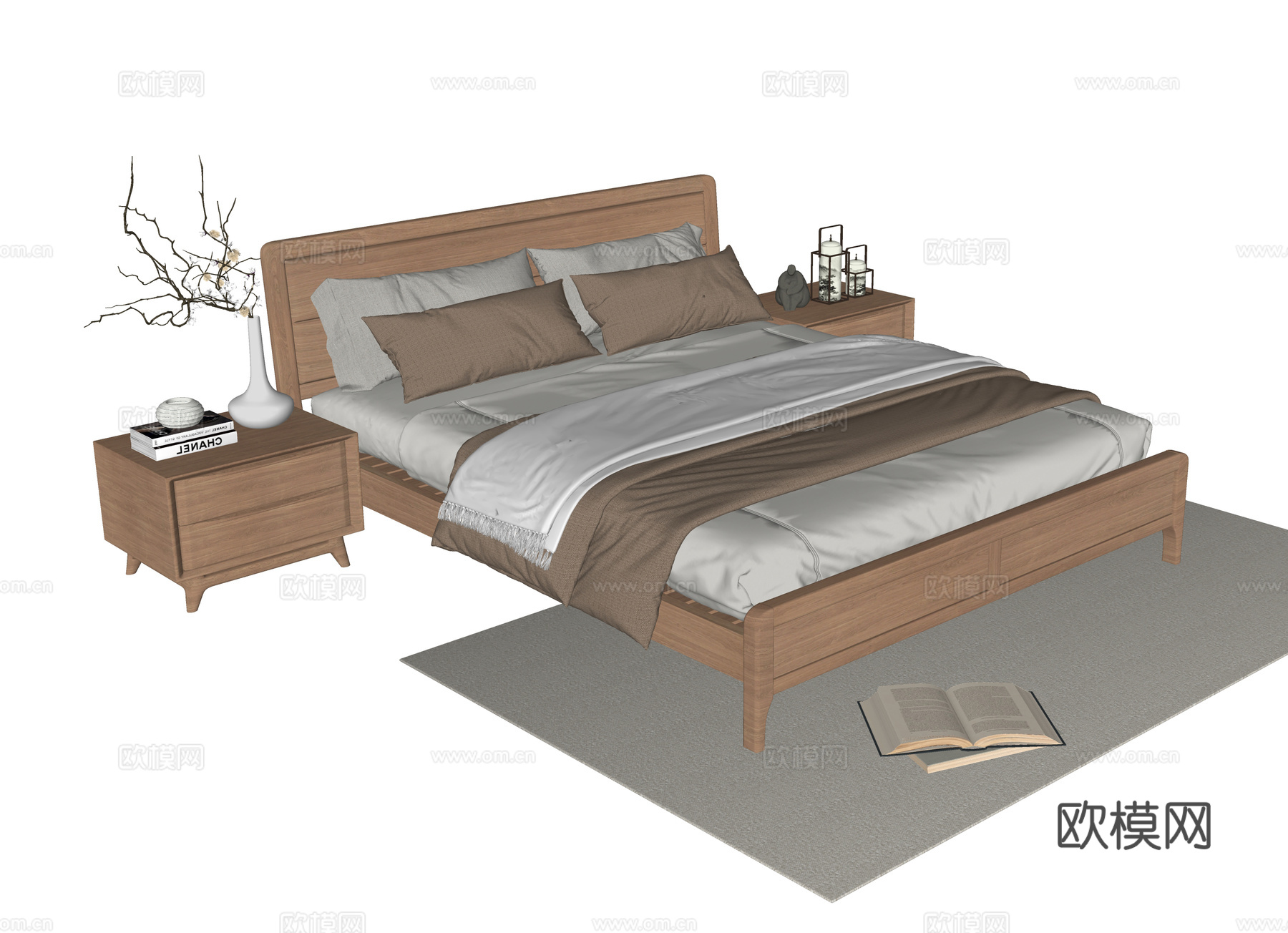 现代双人床 床头柜su模型