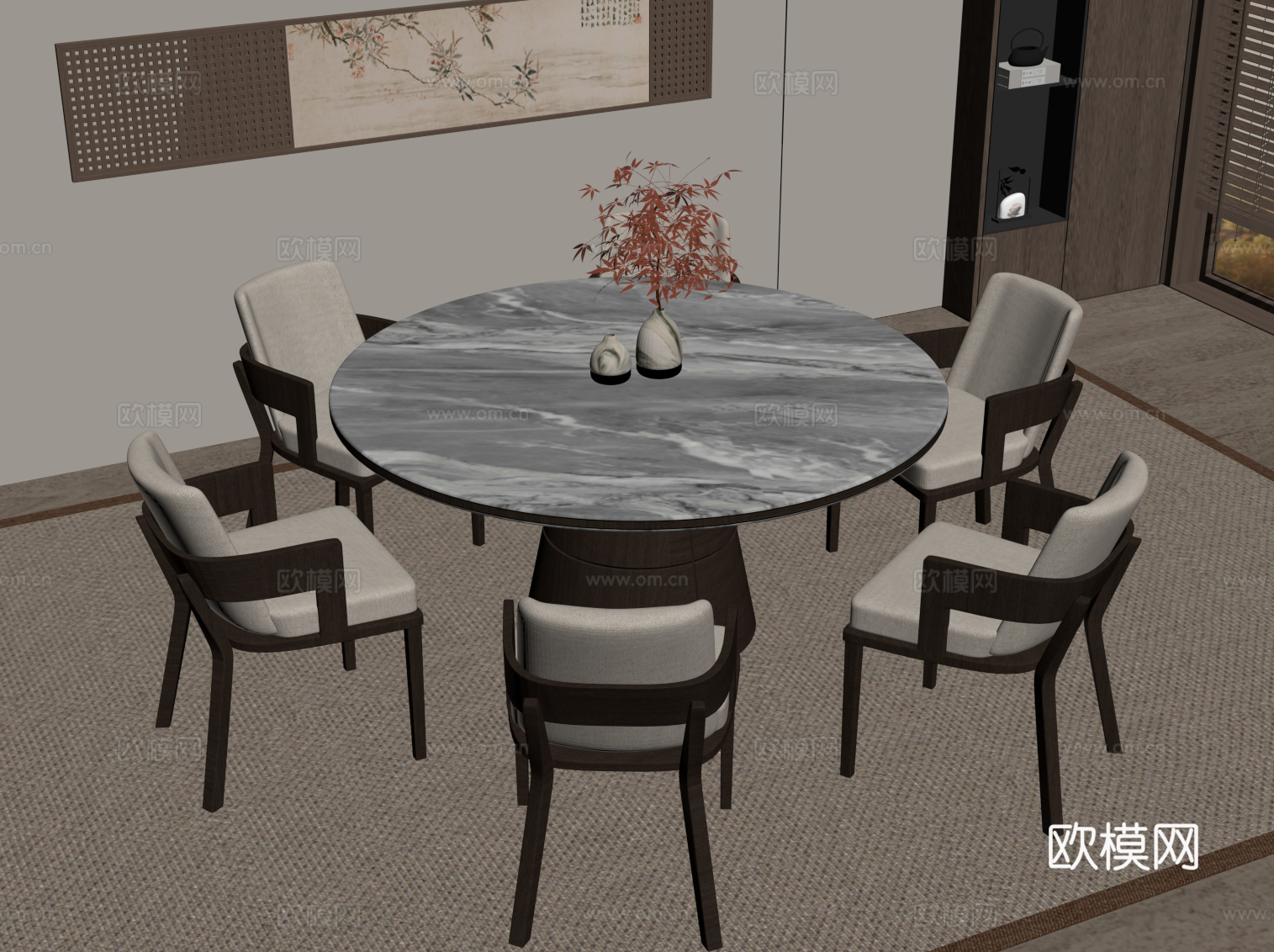 新中式餐桌椅 实木圆桌su模型