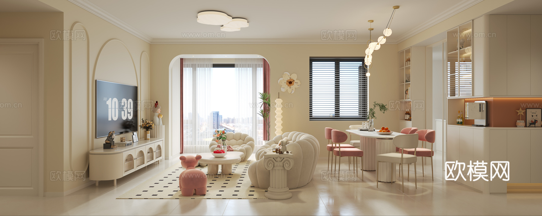 法式奶油风客餐厅3d模型下载（渲染图4）