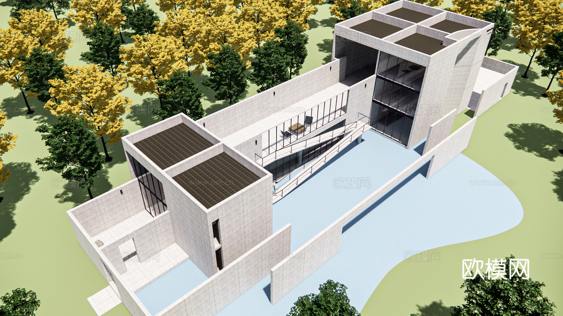 现代极简风格建筑安藤忠雄芝加哥住宅su模型下载（渲染图1）