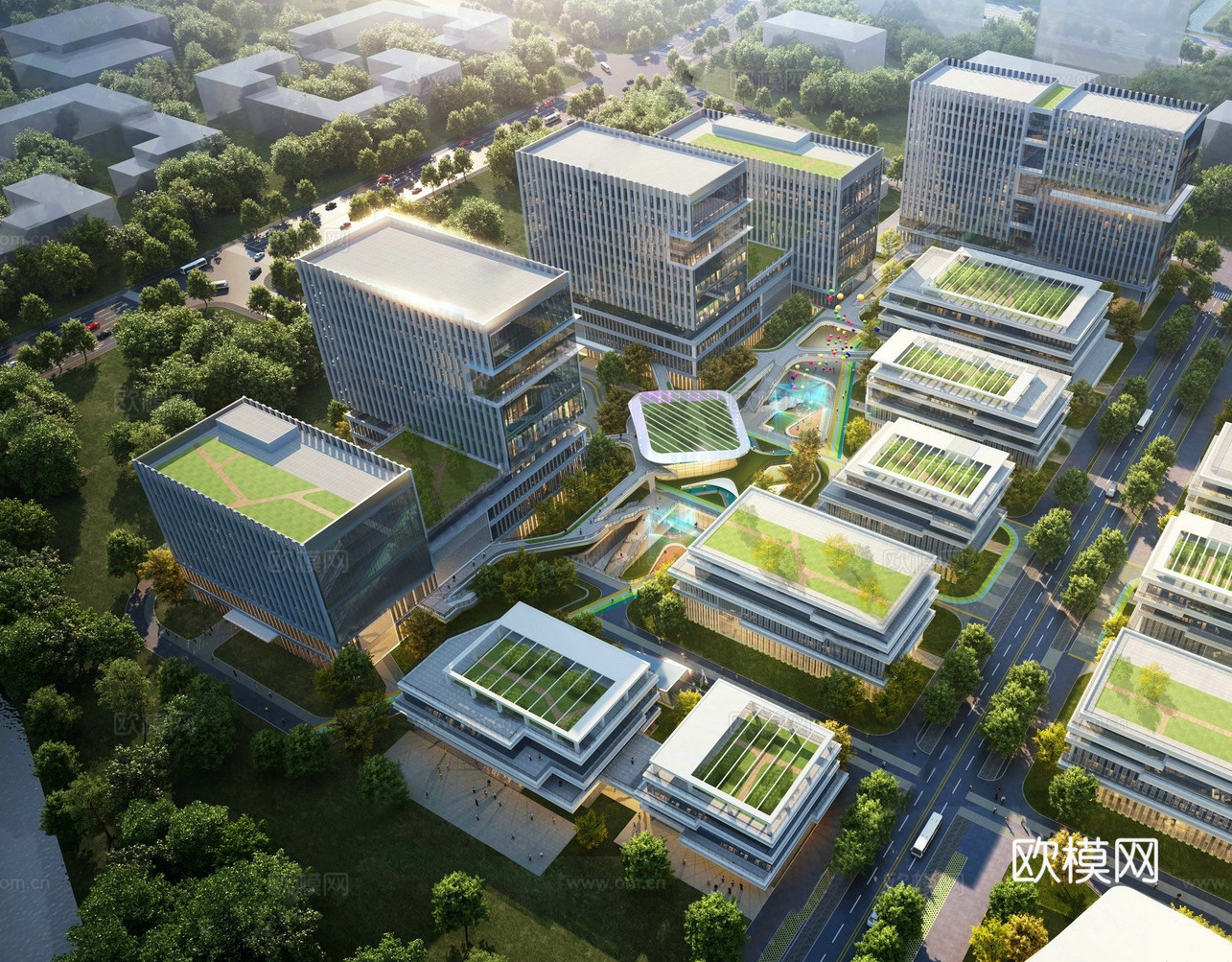 现代风格产业园 方形 空中绿化su模型