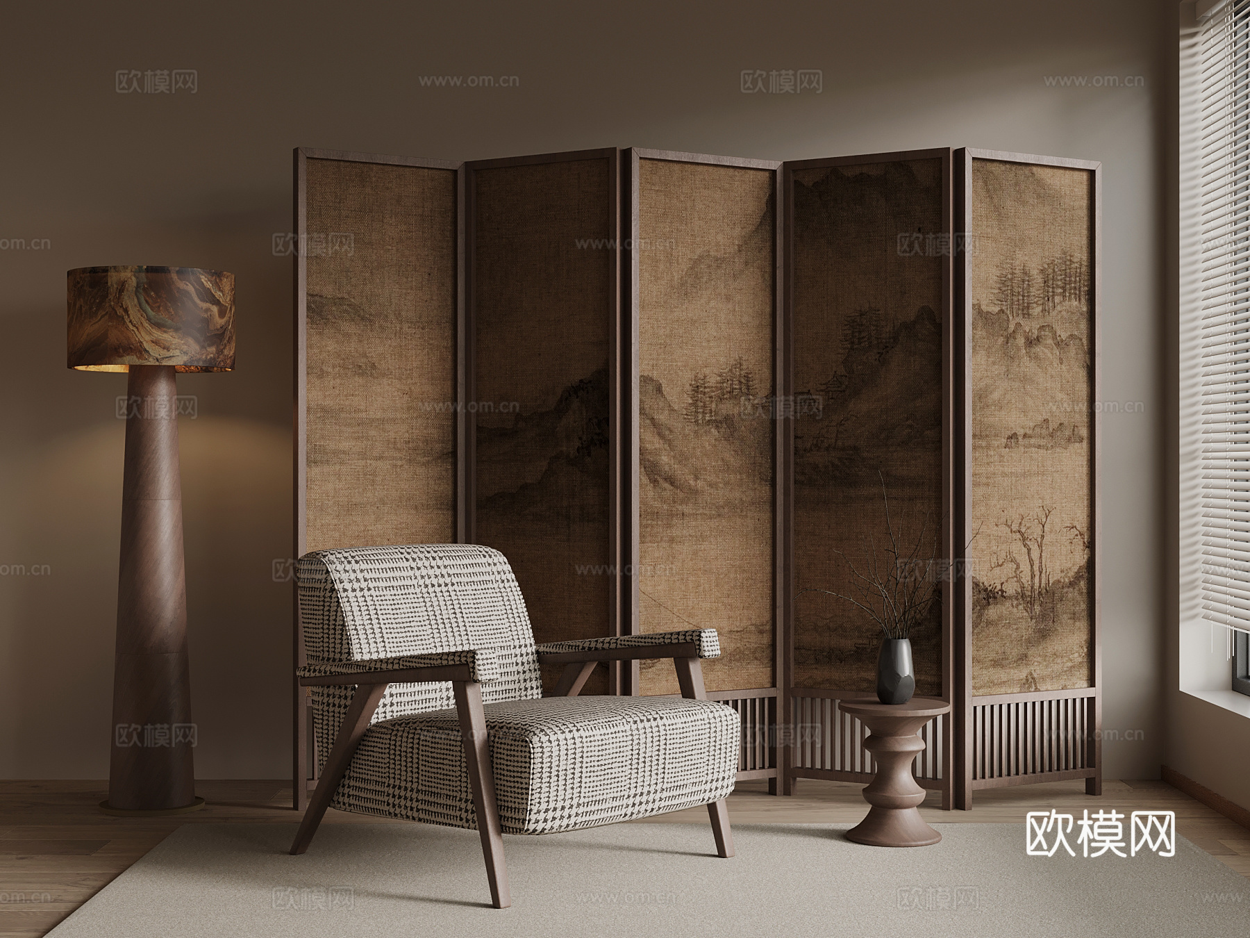 中古风屏风隔断 休闲椅 边几 落地灯su模型