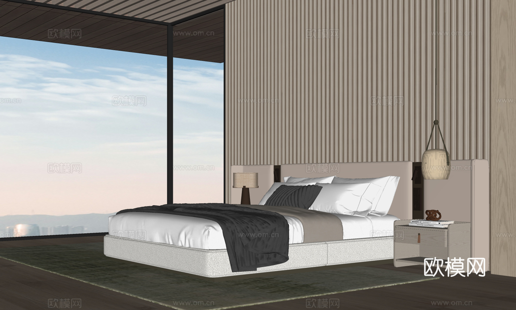 意式卧室米洛提双人床 床尾凳 床靠背su模型