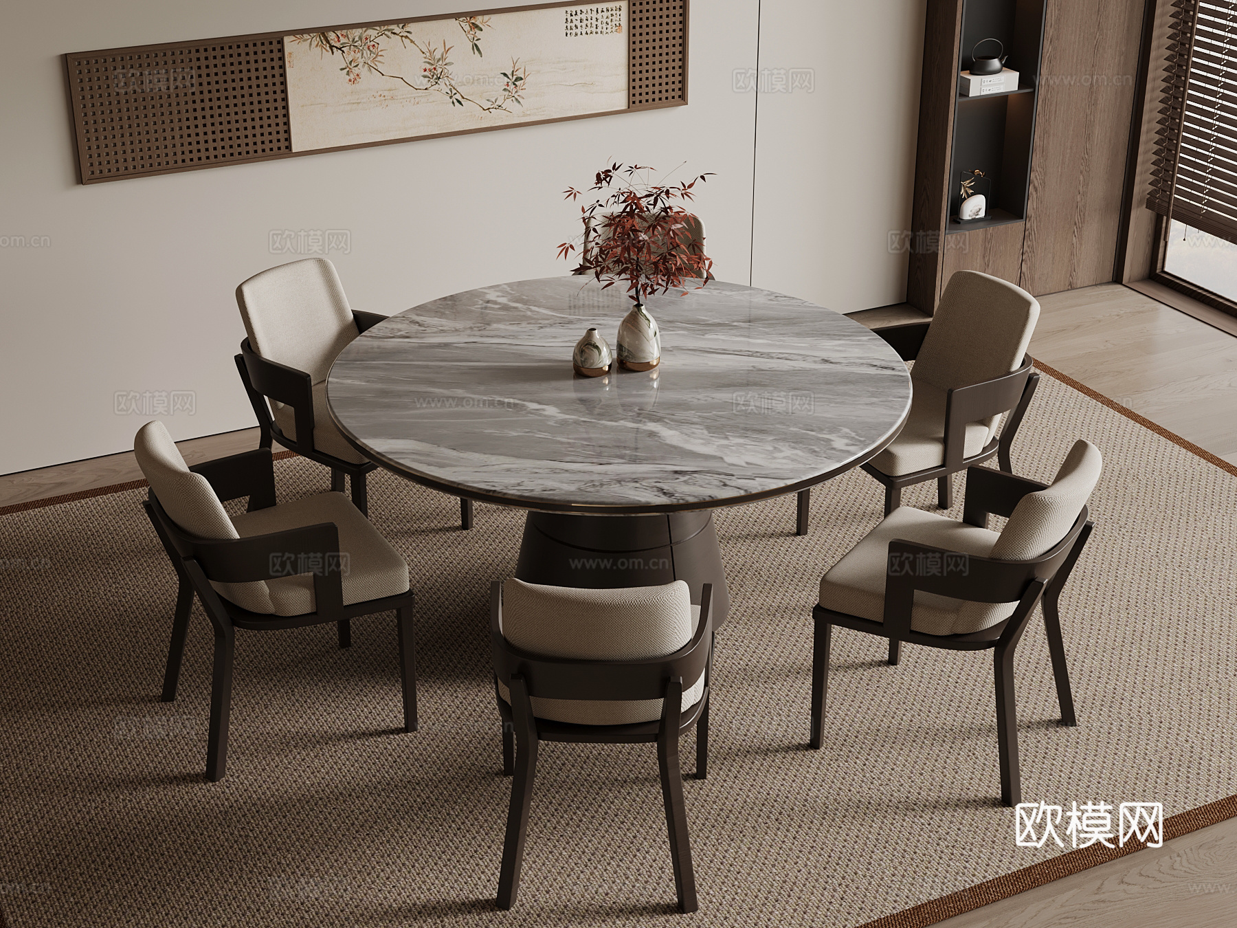 新中式餐桌椅 实木圆桌su模型
